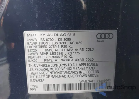 2015 Audi Q7 3.0T Premium z USA, uszkodzony, nr VIN WA1LGAFE8FD019960